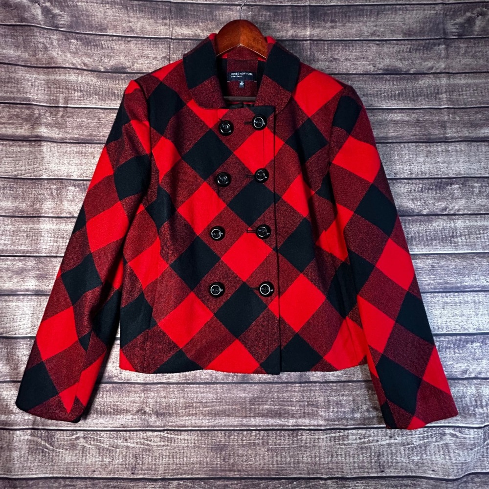 Jones New York Signature Red Black Buffalo Plaid Pea Coat Jacket Womens 16